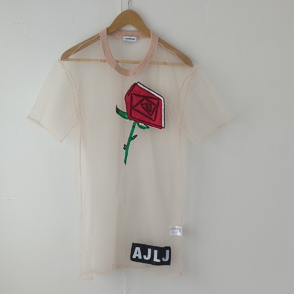 Au Jour Le Jour Sheer Tulle Net Embroidered T-Shirt Dress Dusty Rose Red Size 40